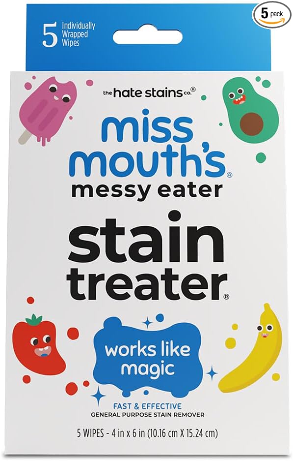 Miss Mouth's Messy Eater Stain Treater Wipes - 5 Pack Stain Remover - Newborn & Baby Essentials - No Dry Cleaning Food, Grease, Coffee Off Laundry, Underwear, Fabric