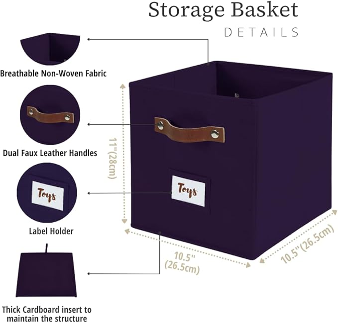 DECOMOMO Storage Bins, Cube Storage Bin with Labels, Fabric Storage Cubes for Shelves (10.5" x 11" / 6pcs, Deep Purple)