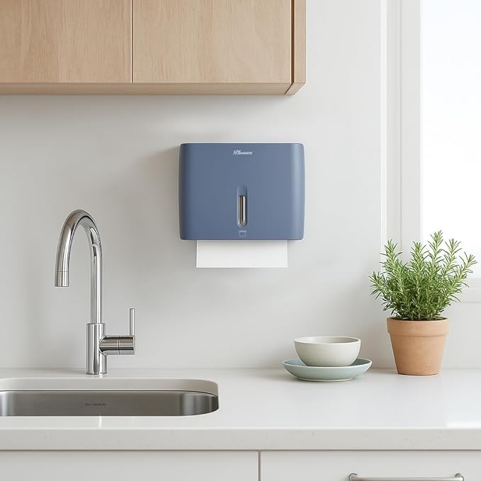 Paper Towel Dispenser Wall Mount,Capacity 200+ Sheets ZFold Tri Fold Blue Adhesive No Drilling or Screws Installation for Home Toilet