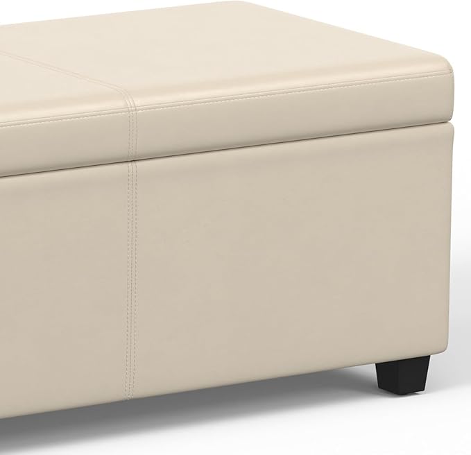SIMPLIHOME Avalon 54 inch Wide Contemporary Rectangle Extra Large Storage Ottoman Bench in Satin Cream PU Faux Leather, Assembled, for The Living Room, Entryway and Family Room