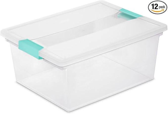 Sterilite 12-Pack Clip Box, Stackable Clear Plastic Bins with Latching Lids, Deep - Writing, Arts or Crafts Supplies Storage Containers for Home, Office, Classroom and Workshop Organization