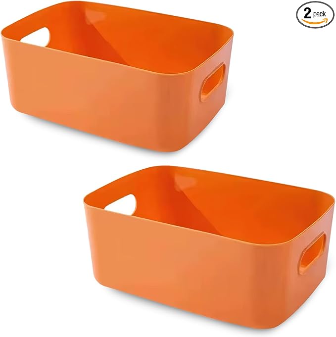 COVRA 2-Pack Plastic Storage Bins, Small Storage Baskets, Organizers for Home & Office, 9.6 x 6.3 x 4.7 Inches (Orange)