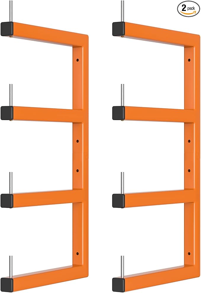 2-Pack Lumber Storage Rack, Wood Storage Racks Wall Mount, Heavy Duty Garage Wood Organizer With 4-Level System, Orange Utility Rack Organization Up 800 Lbs, Metal Lumber Shelf for Indoor and Outdoor
