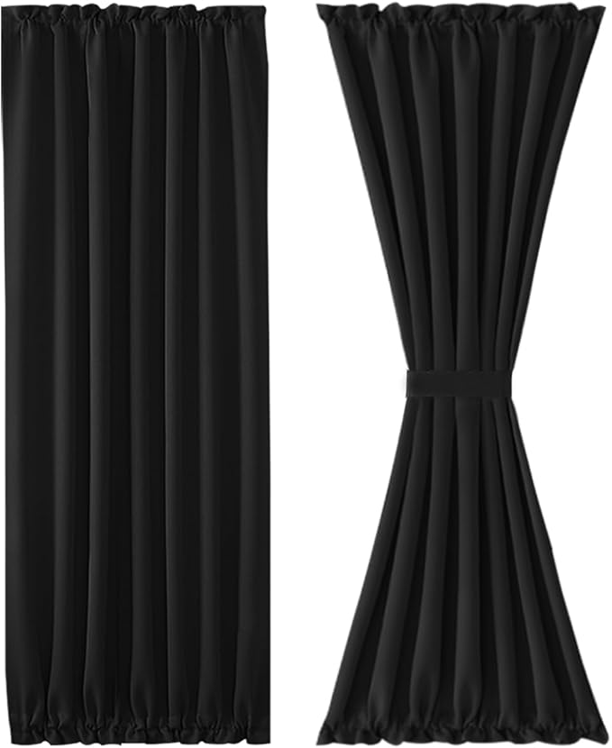 DWCN French Door Curtains – Rod Pocket Thermal Blackout Curtain for Doors with Glass Window, Kitchen and Patio Doors for Privacy, 54 X 72 Inches Long, 1 Curtain Panel with Tieback, Black