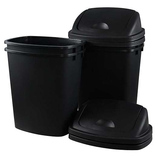 Bringer 10 Gallon Tall Kitchen Trash Can, Set of 4 Black Plastic Garbage Can with Swing Lid