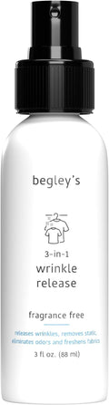 Begley's 3-in-1 Wrinkle Remover, Quick Fix Wrinkle Release, Static Cling Remover, Odor Eliminator and Fabric Refresher Spray - USDA Certified Biobased - Fragrance-Free, 3 oz Travel Size