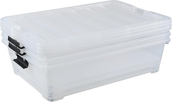 50 Quart Clear Plastic Under Bed Storage Bin with Lid, Underbed Storage Container with Wheels, 3-Pack