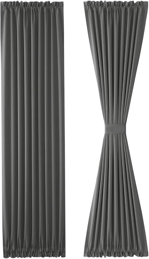 DWCN French Door Curtains – Rod Pocket Thermal Blackout Curtain for Doors with Glass Window, Kitchen and Patio Doors for Privacy, 25 X 80 Inches Long, 1 Curtain Panel with Tieback, Dark Grey