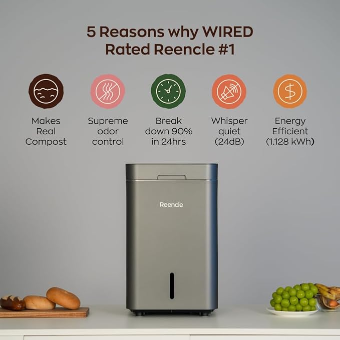 Reencle Gravity Electric Composter - 22L Kitchen Composter– Decomposes 3.3 lbs Daily, Odorless & Quiet Indoor Composting, Rapid Decomposition with All-New Compost Starter 2.0 + Booster Pack (Silver)