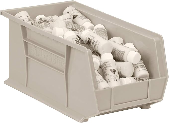Akro-Mils 30240 AkroBins Plastic Storage Bins, Space-Saving Stackable Bins for Garage, Pantry, Craft Organization, 15" x 8" x 7", Stone, 12-Pack