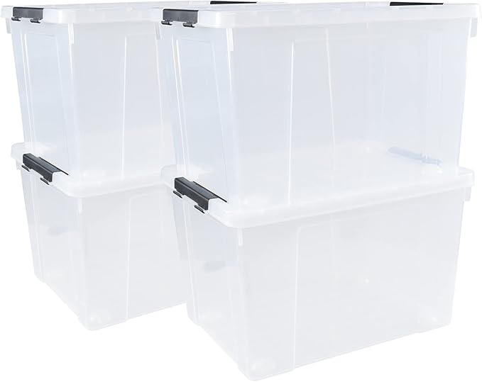 4 Pack Clear Storage Latch Bin with Lid, 34 L Plastic Wheeled Storage Box