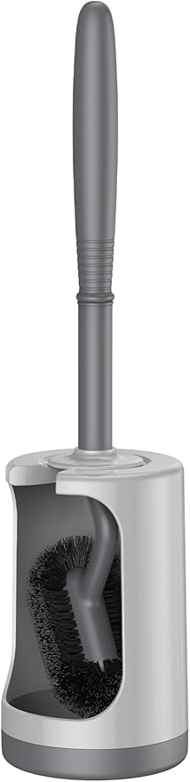 HAMITOR Toilet Bowl Brush Holder Set: Curved Design with Holder for Deep Cleaning Under Rim - Compact Hidden Scrubber for Small Space - Modern RV Bathroom Accessories - Gray