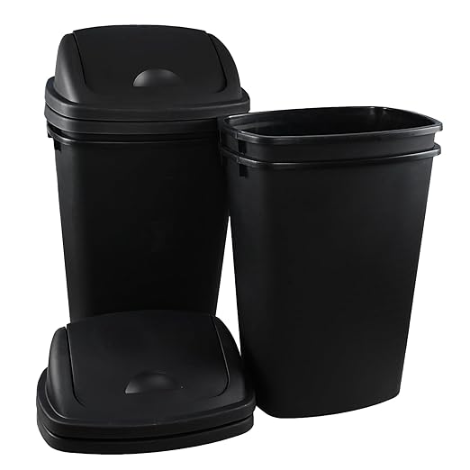 4-Pack 13 Gallon Plastic Swing Top Trash Can, Lidded Wastebasket Garbage Can for Kitchen, Garage, or Workspace, Black