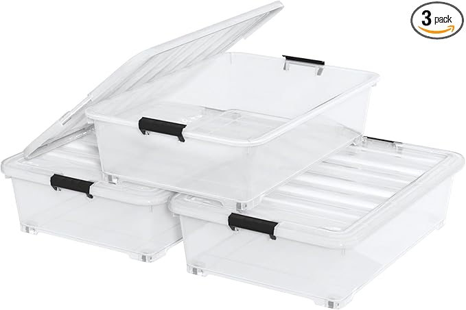 50 Quart Plastic Under Bed Storage Boxes, Clear Under Bed Storage Containers with Wheels, 3-Pack