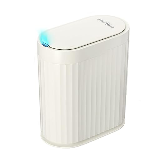 MRBIN Small Trash Can for Bathroom, Automatic Touch Less Garbage Bin with Lid, 2 Gallon Plastic Slim Waste Basket for Office and Kitchen, Electric Motion Sensor Bedroom Bin, Cream White