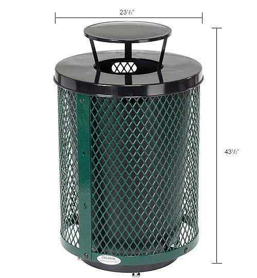 Global Industrial Outdoor Diamond Steel Trash Can with Rain Bonnet Lid, Raised Base and Plastic Liner, 36 Gallon Capacity, Green, Thermoplastic Coating, 23-1/2" Diameter, 43-1/2"H