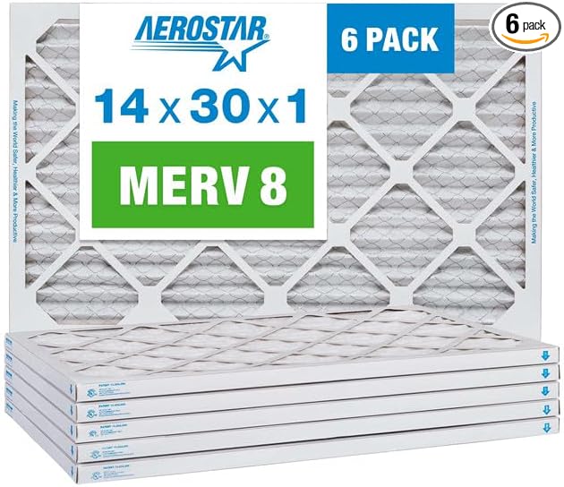 Aerostar 14x30x1 MERV 8 Pleated Air Filter, AC Furnace Air Filter, 6 Pack (Actual Size: 13 7/8" x 29 7/8" x 3/4")