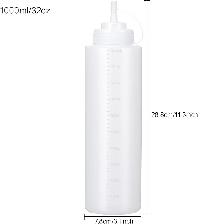 Condiment Squeeze Bottles Ketchup Dispenser, 4 Pack 32oz Squeeze Bottles for Liquids, Plastic Sauce Bottle with Cap Lid, Squirt Bottles for Sauces Liquids BBQ Dressing Pancake Art