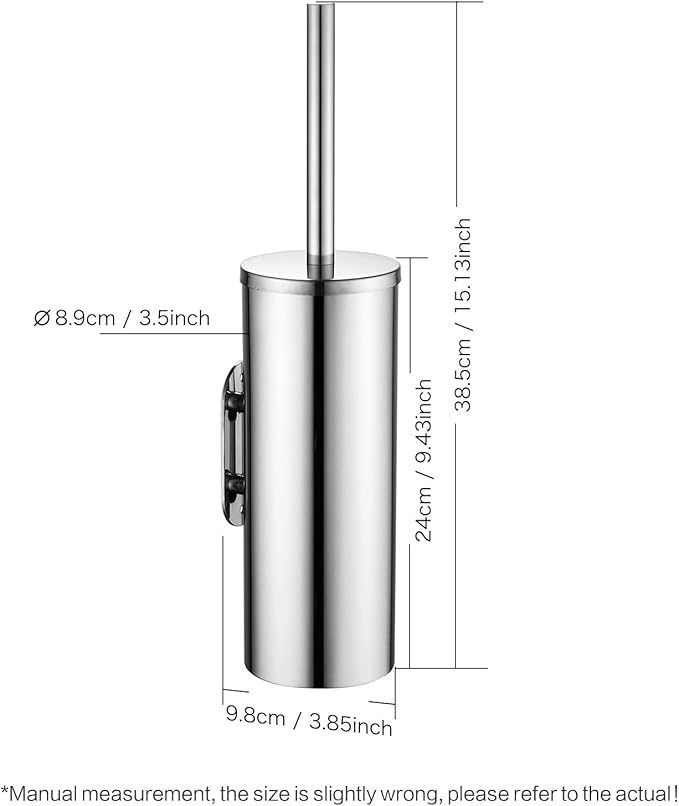 Toilet Brush and Brush Holder, Stainless Steel No-Punch Hook Base Dual Purpose Toilet Brush Holder with Removable Inner Bucket and Splash Cover - Soft Bristles (Chrome)