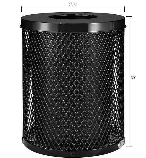 Global Industrial Outdoor Diamond Steel Trash Can with Flat Lid and Plastic Liner, 36 Gallon Capacity, Black, Thermoplastic Coating, 23-1/2" Diameter, 30" H