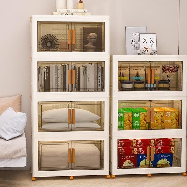 Plastic Stackable Storage Bins with Lids and Wheels, Foldable Closet Organizers and Storage Containers for Bathroom, Collapsible Clear Drawer Storage Cabinet with Doors White 38Gal 3Tiers