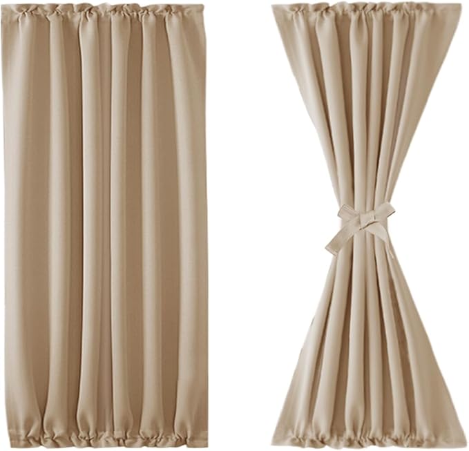 DWCN French Door Curtains – Rod Pocket Thermal Blackout Curtain for Doors with Glass Window, Kitchen and Patio Doors for Privacy, 25 X 40 Inches Long, 1 Curtain Panel with Tieback, Beige