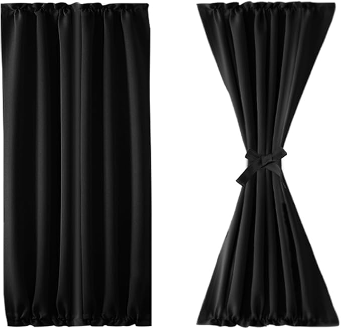 DWCN French Door Curtains – Rod Pocket Thermal Blackout Curtain for Doors with Glass Window, Kitchen and Patio Doors for Privacy, 25 X 40 Inch Length, 1 Curtain Panel with Tieback, Black
