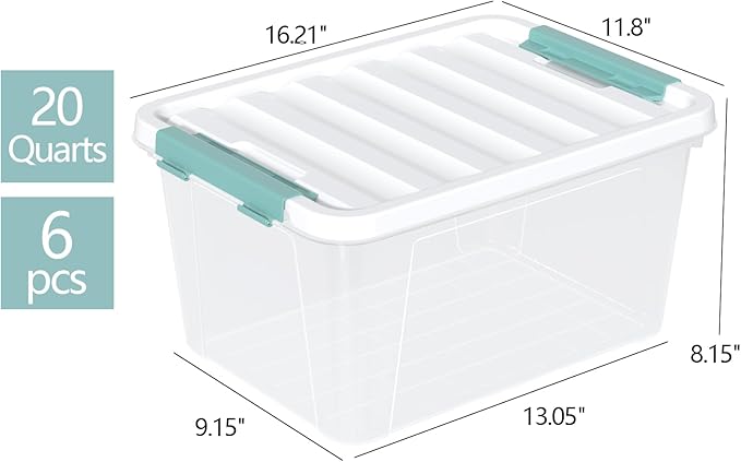 Zopnny 20 Quart Clear Latching Container Box, Plastic Storage Bin with Latching Lid, 6 Packs