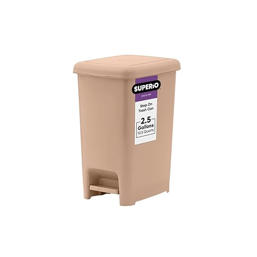 Superio 2.5 Gal Slim Step On Pedal Plastic Trash Can, Waste Bin for Under Desk, Office, Bedroom, Bathroom- 10 Qt, Beige