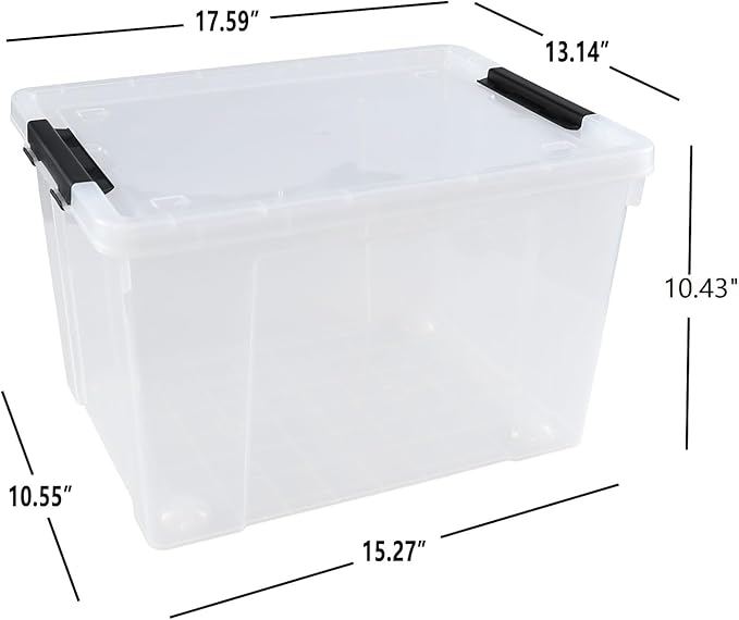 4 Pack Clear Storage Latch Bin with Lid, 34 L Plastic Wheeled Storage Box