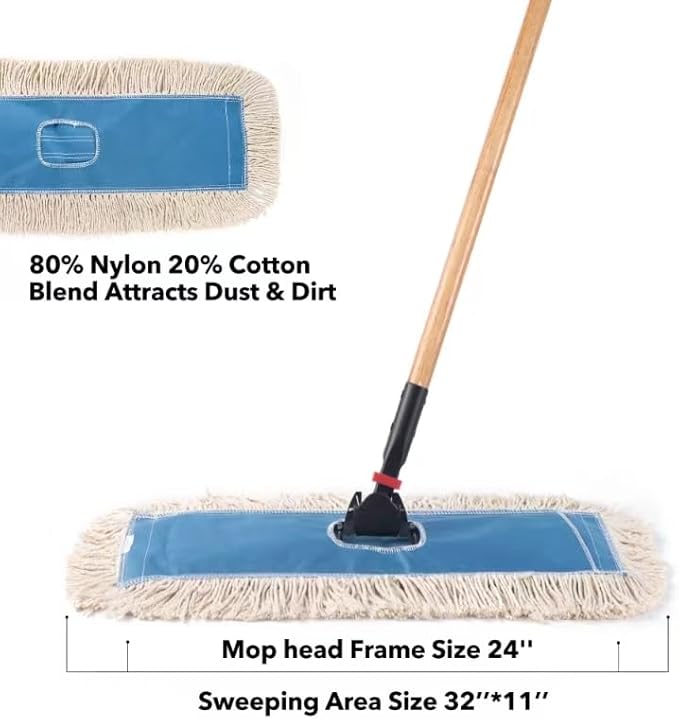 MATTHEW CLEANING 24'' Industrial Strength Cotton Dust Mop Refill Washable Replacement Heads For Residential & Commercial Use Fit Standard Dust Mop Frames, Hardwood,Concrete Floors Blue&White Pack of 6