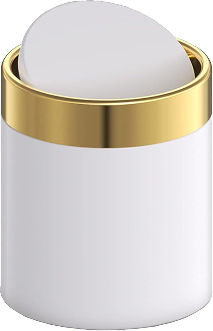 Mini Trash Can with Lid, Metal Small Tiny Mini Trash Bin Can, Mini Countertop Trash Cans for Desk Car Office Kitchen, Swing Top Trash Bin 1.5 L/0.40 Gal (White)
