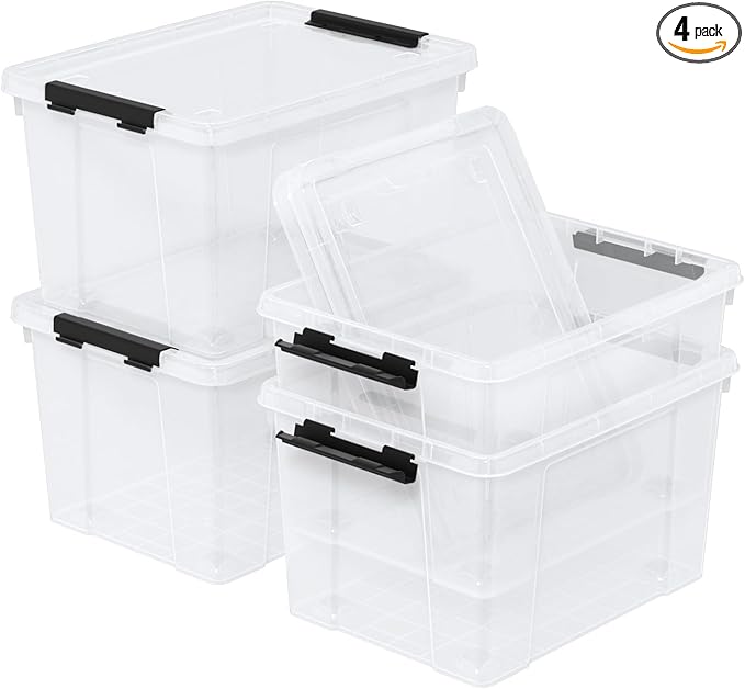 4 Pack 22 Quart Latch Box, Clear Home Organization Containers Bin with Lid, Buckle Up Storage Box Set