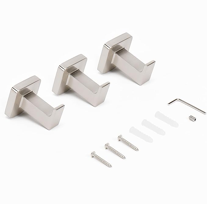 NearMoon Bath Towel Hooks -SUS304 Stainless Steel Square Clothes Robe Hooks Hanger, Heavy Duty Coat Hooks for Bathroom Livingroom Hotel Kitchen Garage, Wall Mounted - 3 Pack (Brushed Nickel)