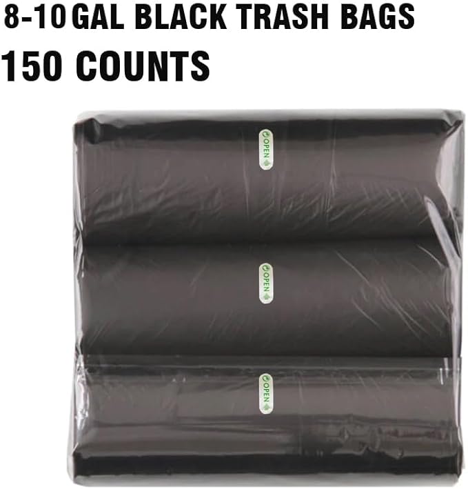 8-10 Gallon Trash Bags, 150 Count Black Garbage bags, Multi-purpose Trash Can Bin Liners for Bathroom, Office, Industrial, Commercial, Janitorial, Municipal, Recycling