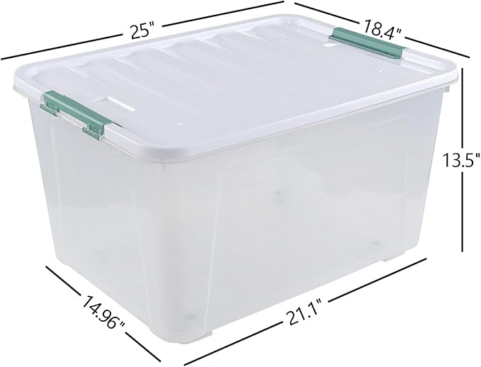 80 L Large Clear View Plastic Storage Bin with Lid and Secure Latching Buckles, 4-Pack Wheeled Clear Storage Boxes