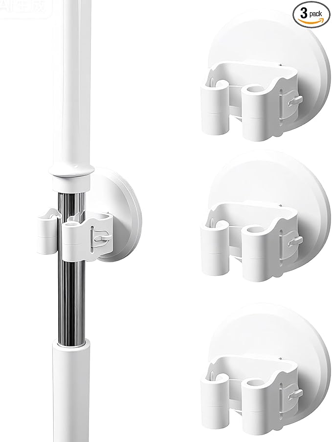 Mop Holder 3 Pack - Wall Mount Broom and Mop Grippers, No Drilling Self Adhesive Hooks, ABS Heavy Duty Storage Organizer for Kitchen, Garage, Bathroom