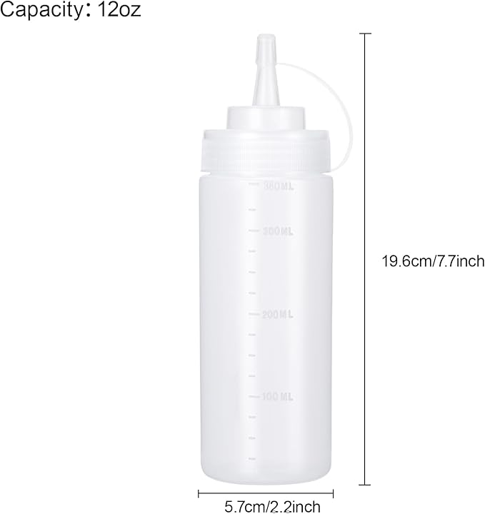 Condiment Squeeze Bottles Ketchup Dispenser, 6 Pack 12oz Squeeze Bottles for Liquids, Plastic Sauce Bottle with Cap Lid, Squirt Bottles for Sauces Liquids BBQ Dressing Pancake Art