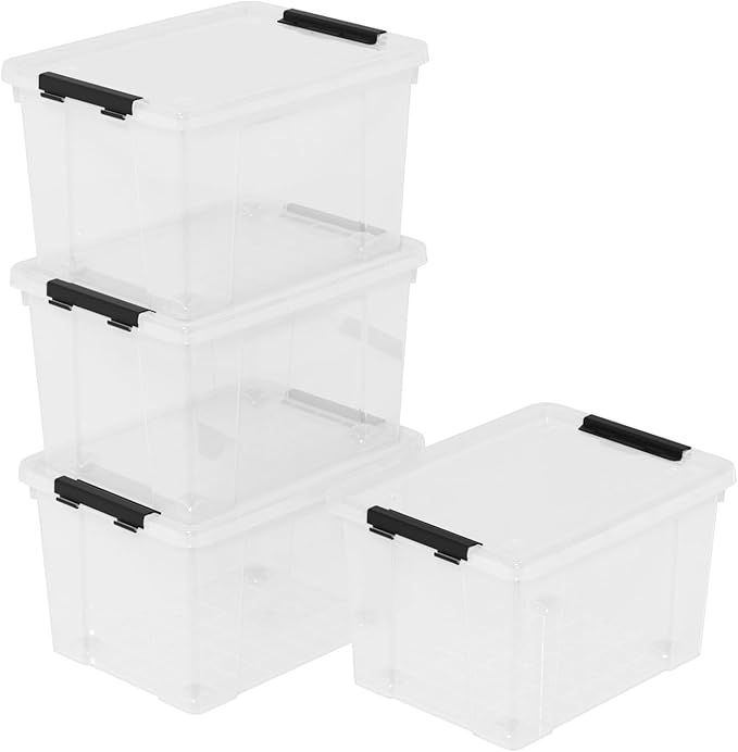 Set of 4 Plastic Latch Storage Bins with Wheels, 23 L Clear Latch Boxes with Stackable Lids