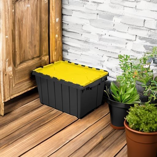 Akro-Mils KeepBox 12 Gallon Storage Container, Nesting and Stackable Plastic Storage Box with Lid Attached, Clear Tote for Garages, Closets, and Moving, 21-1/2" x 15" x 12-1/2", Black/Yellow, 6-Pack