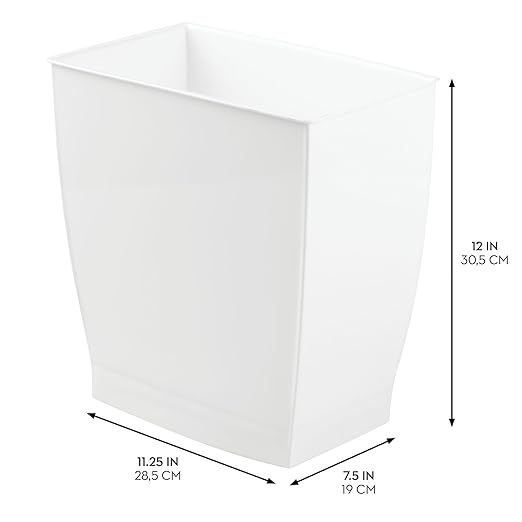 iDesign,Plastic Spa Rectangular Trash, Waste Basket Garbage Can for Bathroom, Bedroom, Home Office, Dorm, College, 2.5 Gallon, White