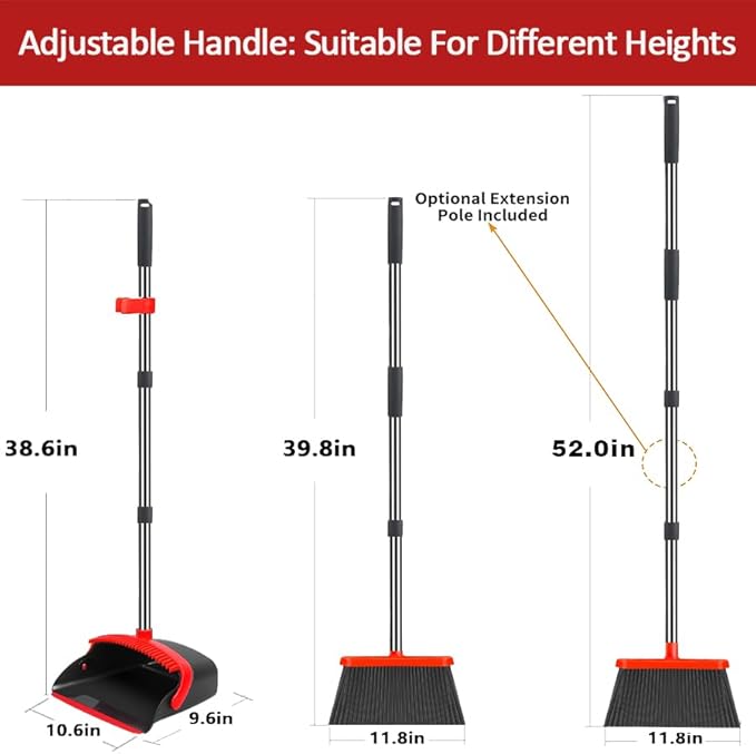 2-Pack is More economical，Broom and Dustpan， with 52" Long Handle, Dustpan Teeth with self-Cleaning Function, Indoor and Outdoor Sweeping, Perfect for Home Office