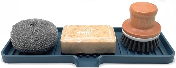 Happitasa Silicone Soap Dish Tray and Sponge Holder with Drain Chute | Bathroom and Kitchen Sink Organizer Caddy (Smoky Blue, 12"x4", 7.4 Ounces)