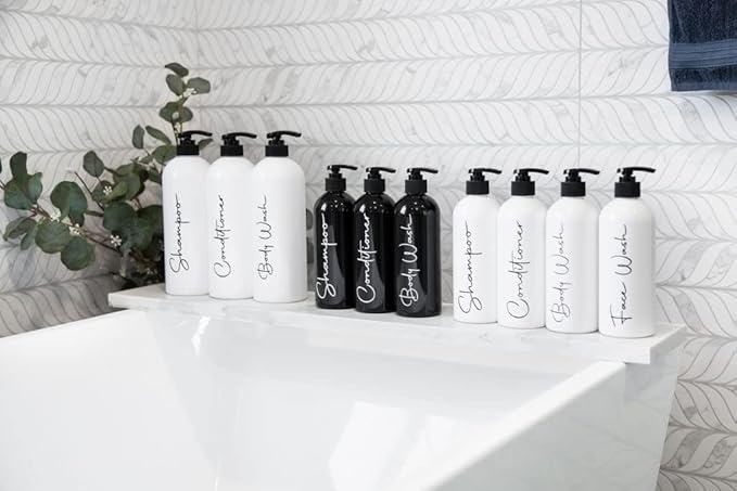 Alora 32oz Reusable Shampoo and Conditioner Bottles - Set of 3 - Easy to Read Labels - Pump Bottle Dispenser for Shampoo, Conditioner, Body Wash - Empty Plastic Refillable Containers for Shower