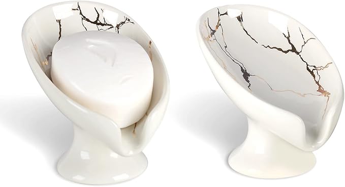Soap Dish Set, Self Draining Bar Soap Holder for Bathroom Sink, Leaf Shaped Drainage Ceramic White Marble Porcelain Soap Dishes, Kitchen Decorative Soap Dish 2PACK, ANTIS'S HOME