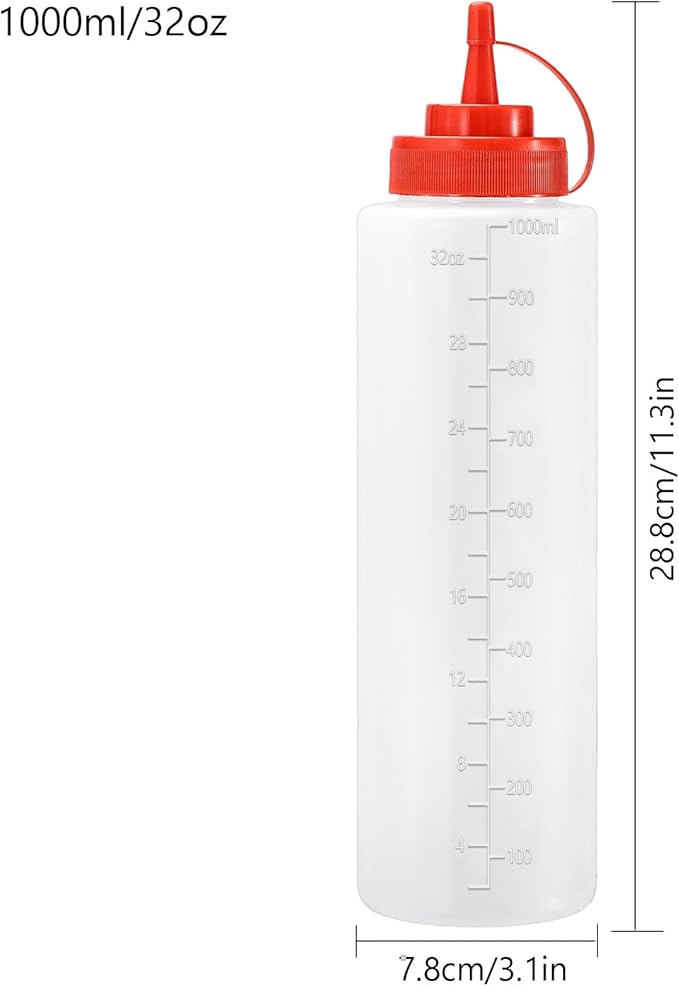 Condiment Squeeze Bottles Ketchup Dispenser, 2 Pack 32oz Squeeze Bottles for Liquids, Plastic Sauce Bottle with Cap Lid, Squirt Bottles for Sauces Liquids BBQ Dressing Pancake Art