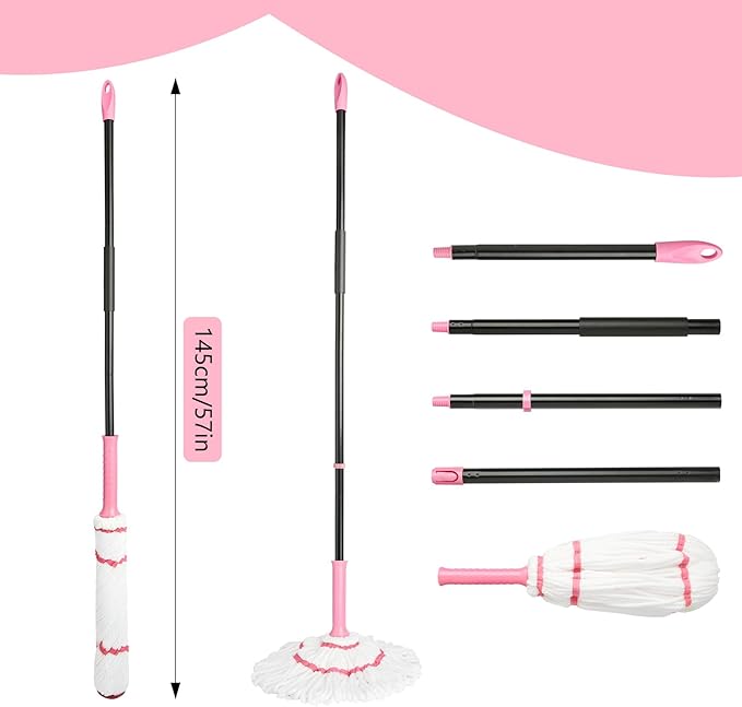Self-Wringing Twist Mop for Floor Cleaning, 57” Long Handle Heavy Duty Microfiber Mop for Wet Mopping on Tile, Hardwood, Kitchen, Bathroom, Patio, Garage, Commercial Household Clean (Pink)