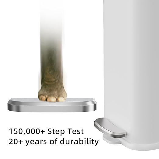 Stainless Steel Bathroom Trash Can with Lid Soft Close,1.6 Gallon Slim Garbage can,Small Metal Step Wastebasket for Office, Bedroom, Toilet, White