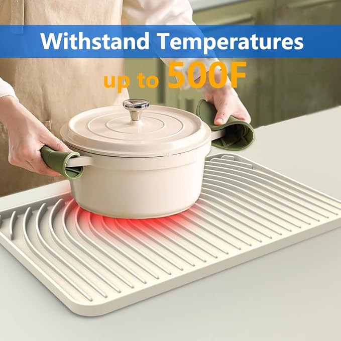 Dish Drying Matt for Kitchen Counter,18"×12"Silicone Dry Rack Mat with Built in Drain, Kitchen Dry Mats for Dishes Drying Pad for Counter(18"×12"Cream)