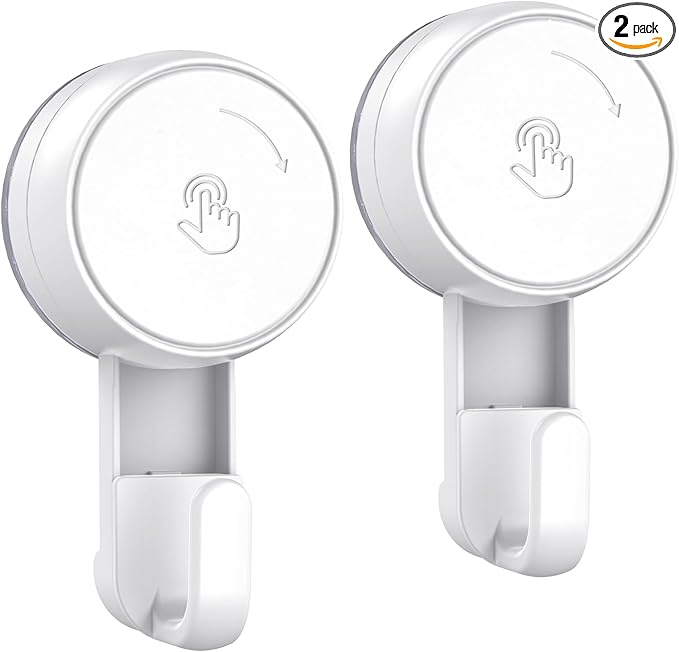LUXEAR Suction Hooks Powerful Vacuum Suction Shower Hook- Heavy Duty Hangers Waterproof Wall Hooks for Bathroom Kitchen Towel, Robe, Loofah Removable and Reusable Hooks for Bags Coat (2 Pack)